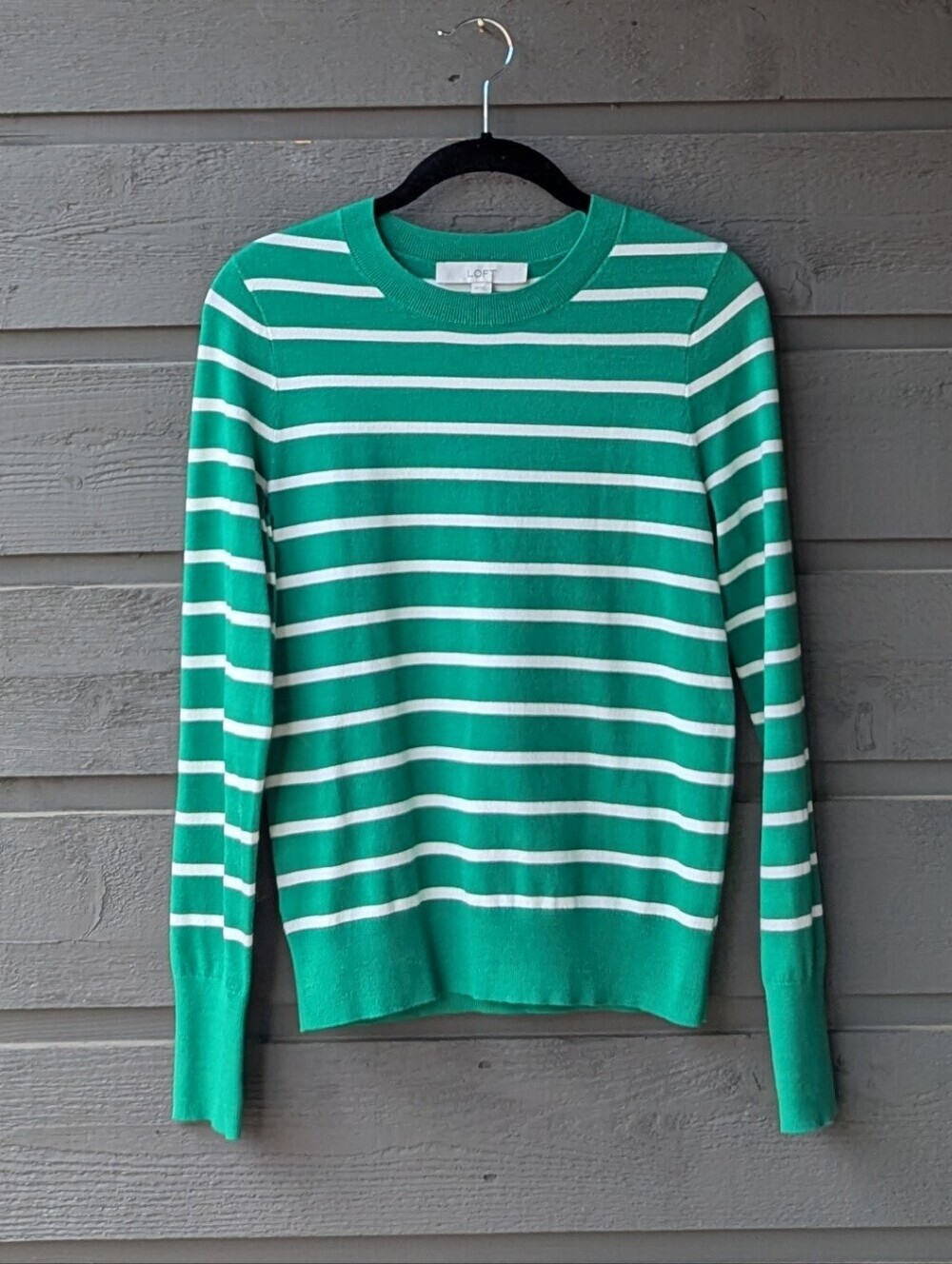 LOFT Green & White Striped Crew Neck Knit Sweater Size XS